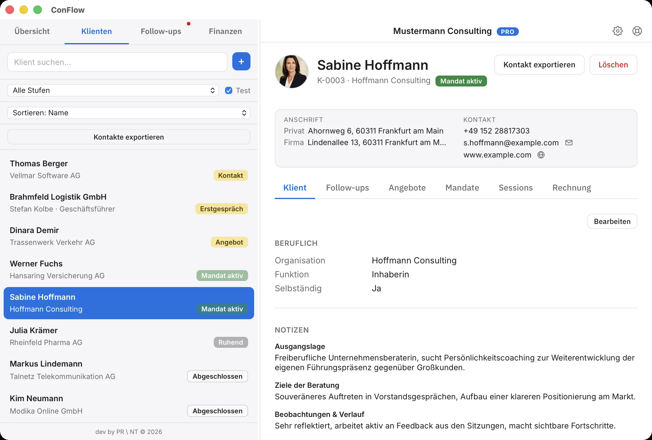 Klientenprofil in ConFlow mit Kontaktdaten, Status und Beratungsnotizen.