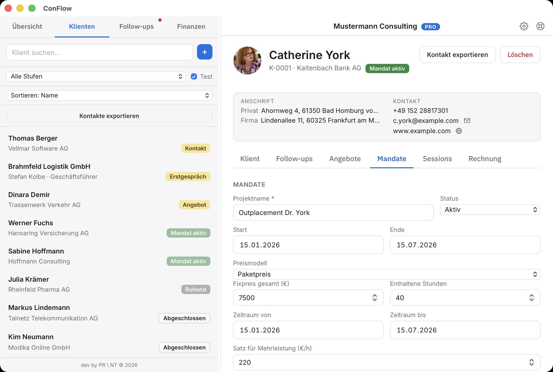 Ein Mandat in ConFlow mit gewähltem Preismodell und Konditionen.