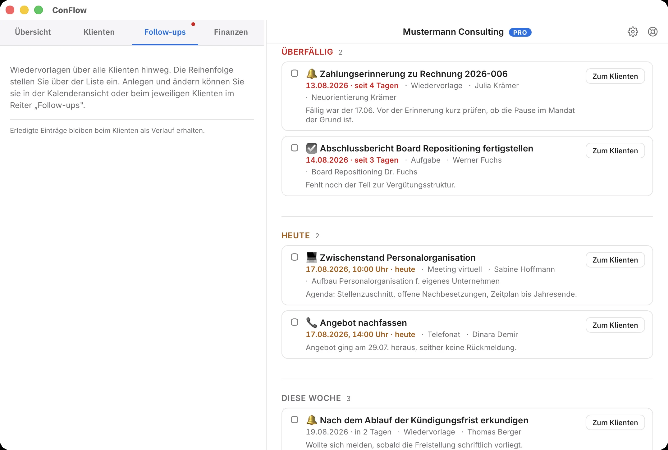 Die Follow-up-Liste in ConFlow, gruppiert nach überfällig, heute, diese Woche und später.