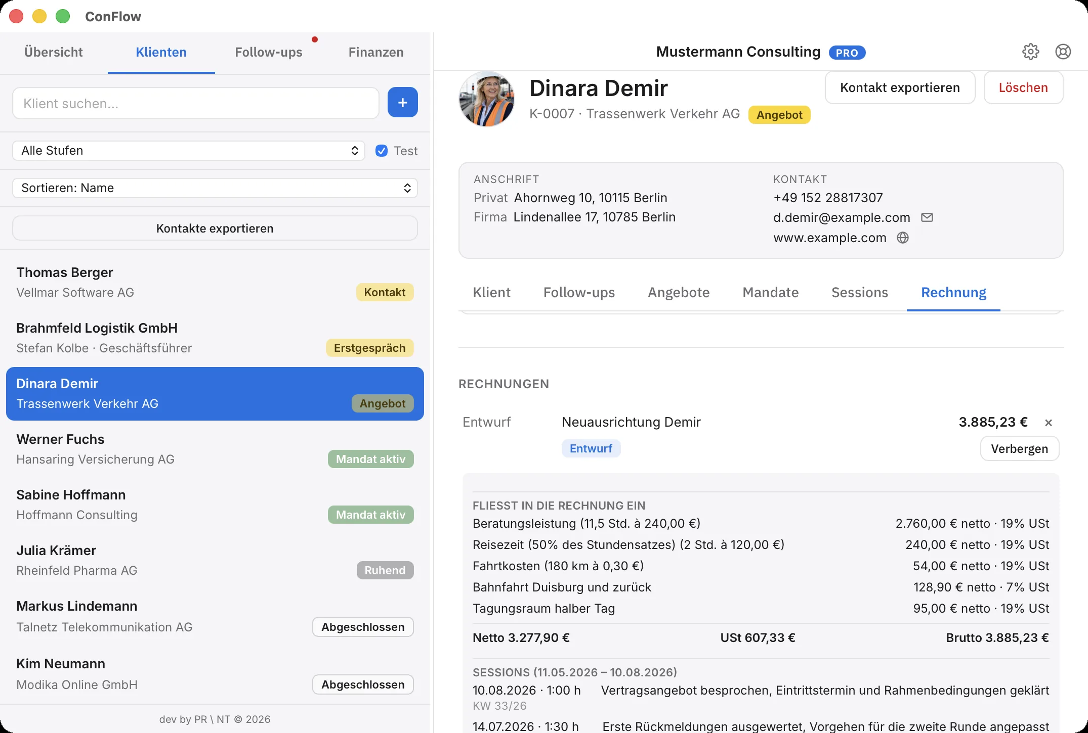 Rechnungsentwurf in ConFlow, erzeugt aus den erfassten Sitzungen eines Mandats.