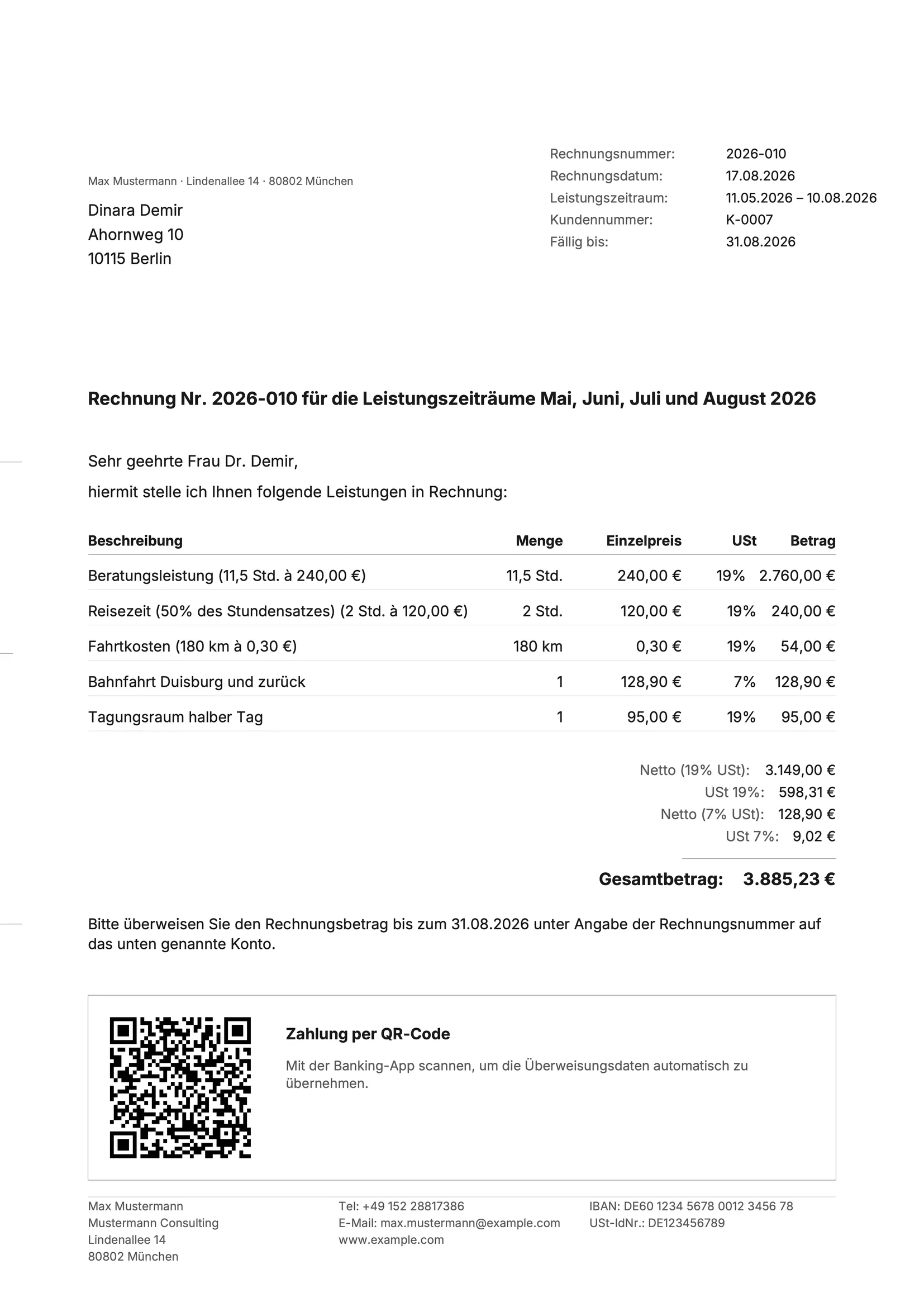 Die fertige Rechnung als PDF im Format DIN 5008, mit QR-Code zum Überweisen.