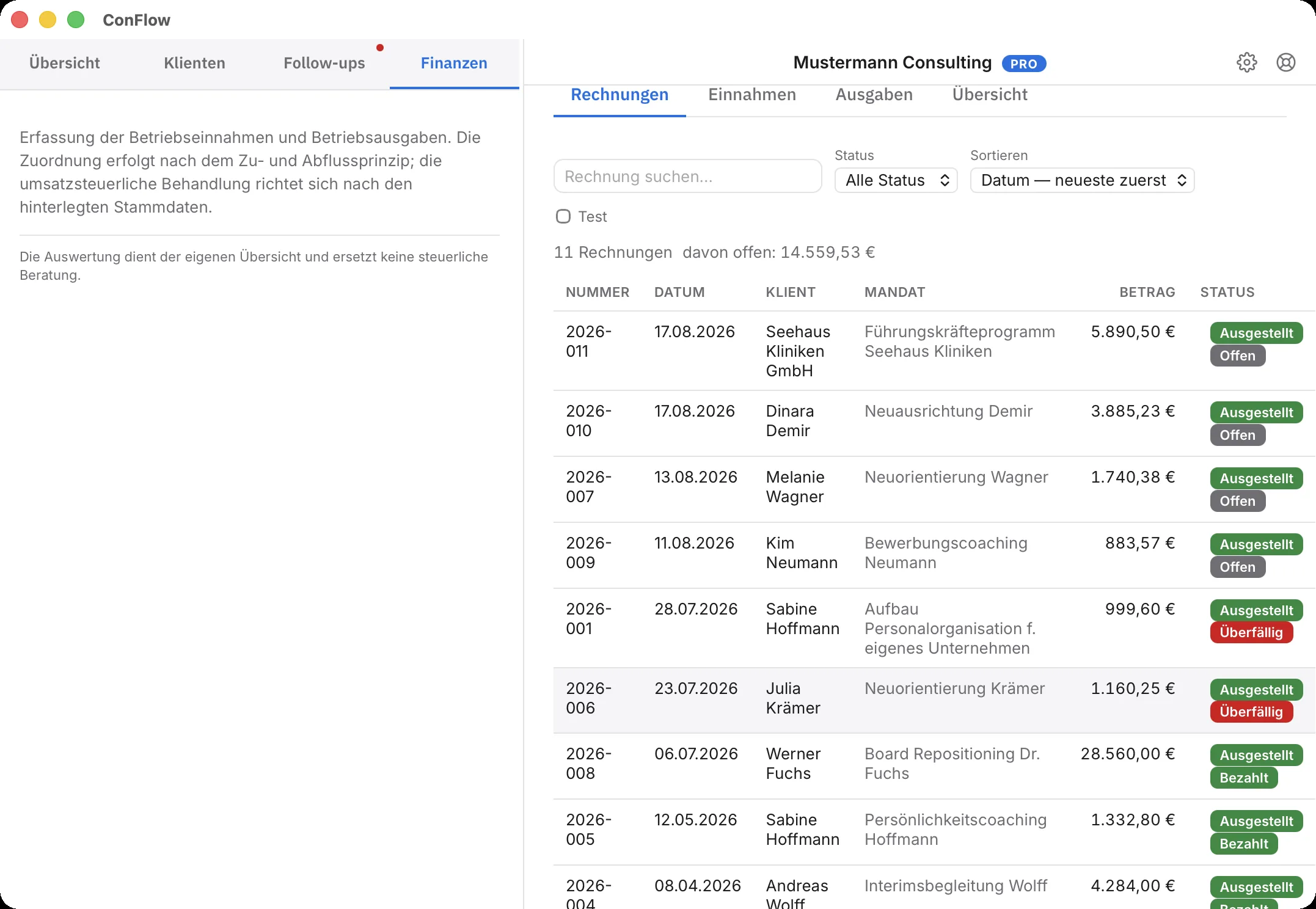 Rechnungsübersicht in ConFlow mit den Zuständen bezahlt, offen und überfällig.
