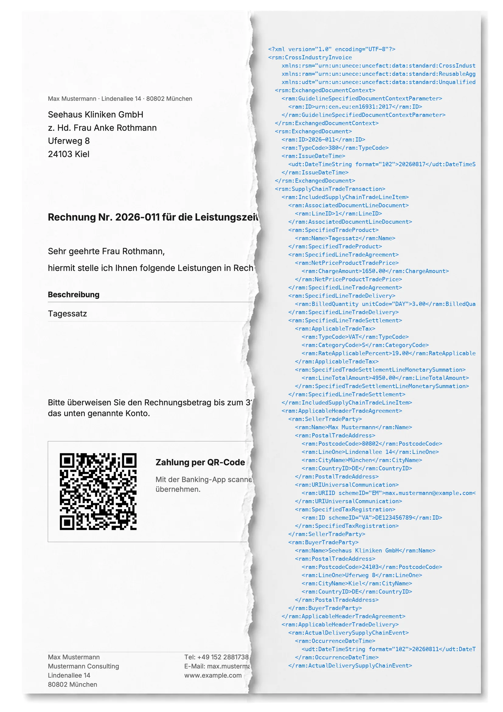 Dieselbe Rechnung in zwei Schichten: oben das gewohnte Blatt, darunter
                    scheint das eingebettete factur-x.xml mit Rechnungsnummer, Empfänger,
                    IBAN, Fälligkeit und Betrag durch.