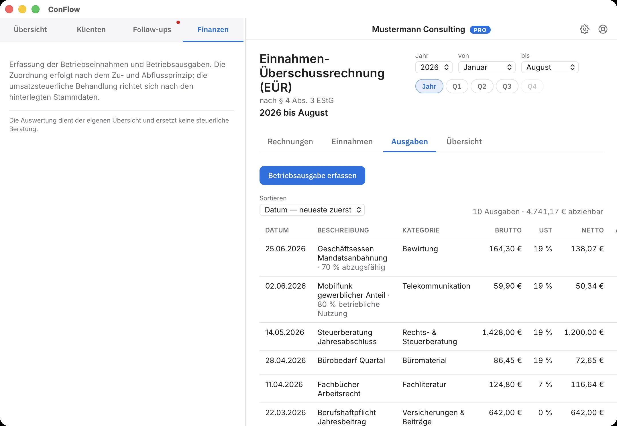 Der Finanzbereich von ConFlow mit Betriebsausgaben, Kategorien und ausgewiesener Vorsteuer.